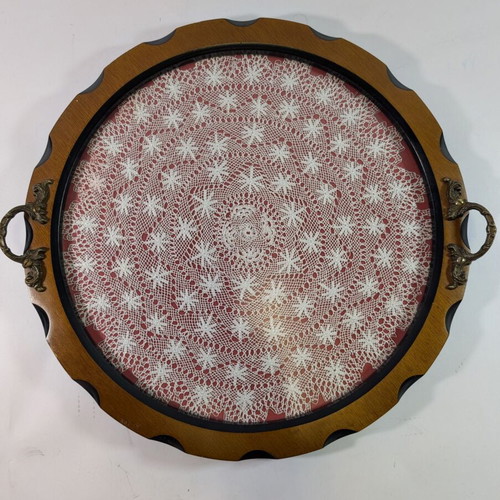 Traditional wooden trays with embroidery and glass used, set of 2, 35cm