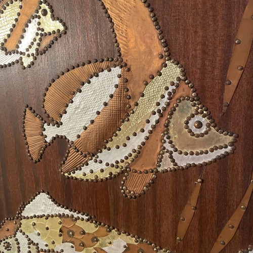 Metal Art Handmade Wall Art with Sea Life on Wooden Plaque