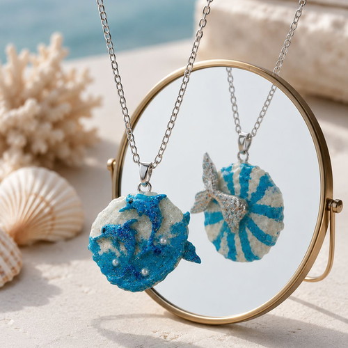 Handmade Two-Sided Necklace "Dolphins-Mermaid Tail" with Polymer Clay and Glass