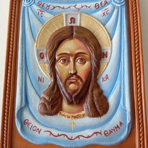 Jesus Holy Mandylion Painted Icon from Wax, Mastic and Incense New