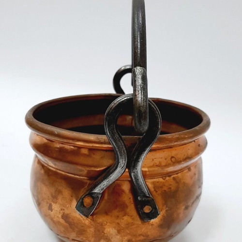 French copper cauldron hand hammered with forged iron handle, like new