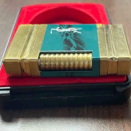 Yves Saint Laurent YSL vintage gold blue gas lighter with marbled finish and box used