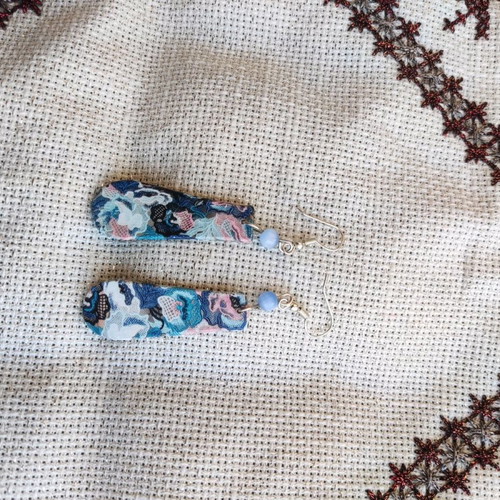Floral blue printed earrings made to order, wooden with cat's eye stone