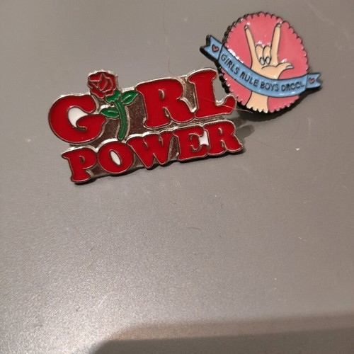 Set of 2 metal girl power pins new, multicolored