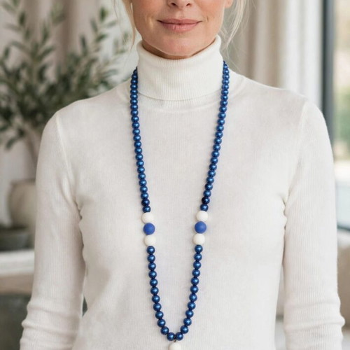 Handmade, blue white beaded long necklace and earings