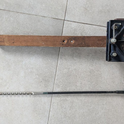 Vintage wooden clamp and long Sheffield wood auger used