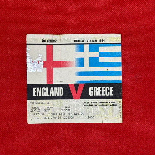 England - Greece 1994 Friendly World Cup Preparation Ticket at Wembley used