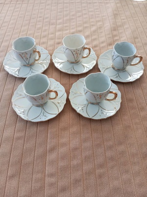 Greek coffee cups used, old porcelain set of 5 pieces