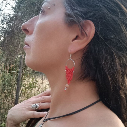 Macrame earrings with jasper bead new, orange