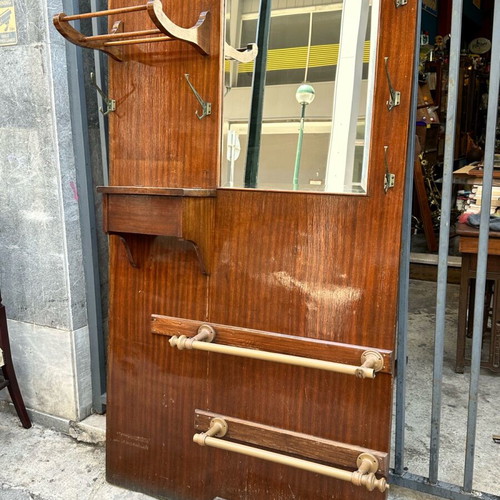 Retro wooden wall coat rack with mirror and canes 1950s used