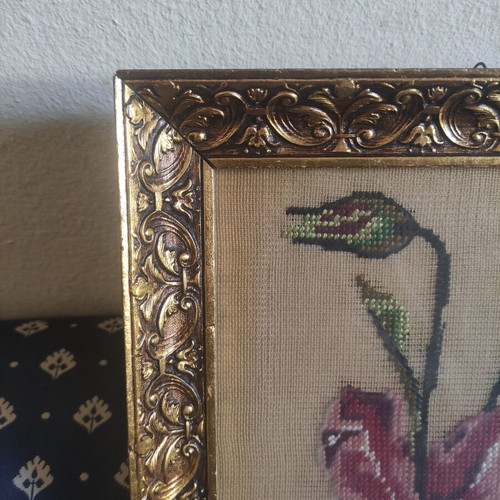 Vintage Gobelin embroidery textile painting 'Lilies' with gold frame