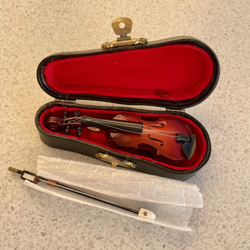 Small vintage violin with case and bow, decorative