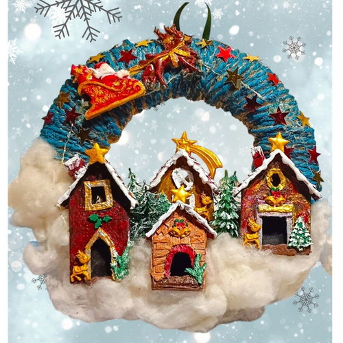 Handmade wreath Santa Claus with sleigh in Christmas village lit with LED