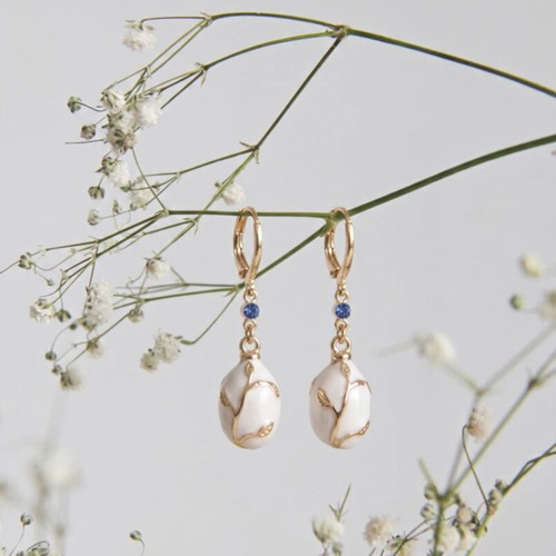Designer Gold Drop Earrings with Pearl Effect and Blue Crystal, New
