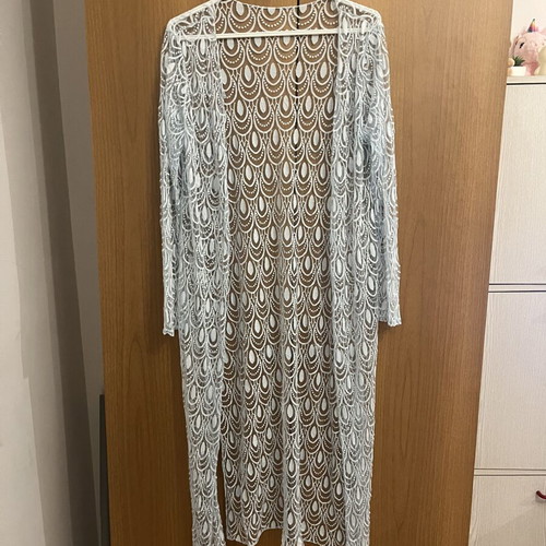 White lace maxi kimono cardigan like new, size M/L, turquoise accents