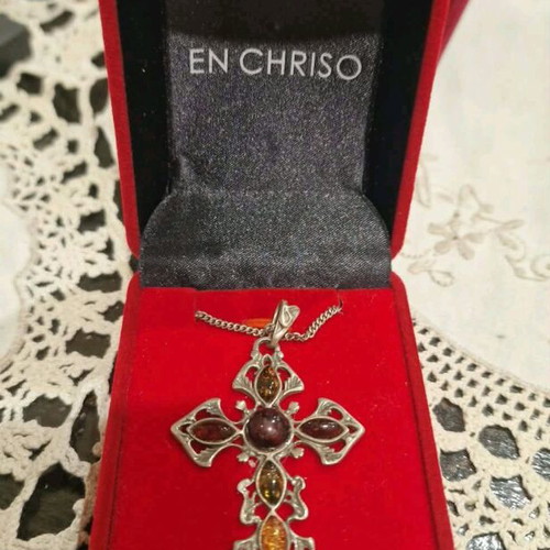 Vintage silver cross with precious stones like new