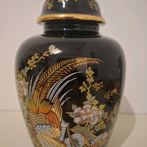 Corfu porcelain vase black with flowers and birds pattern like new