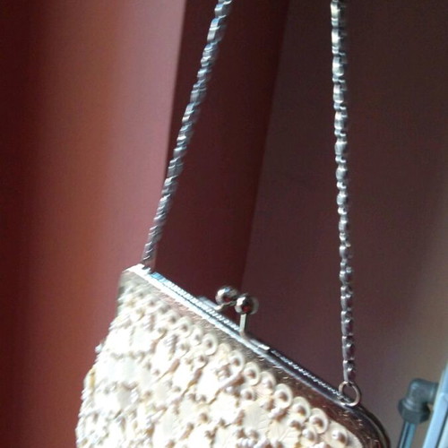 Handmade vintage bag used with chain, embroidered leaves and beads