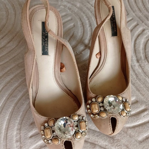 Zara peep-toe pumps size 41 like new, beige suede leather, 12 cm heel