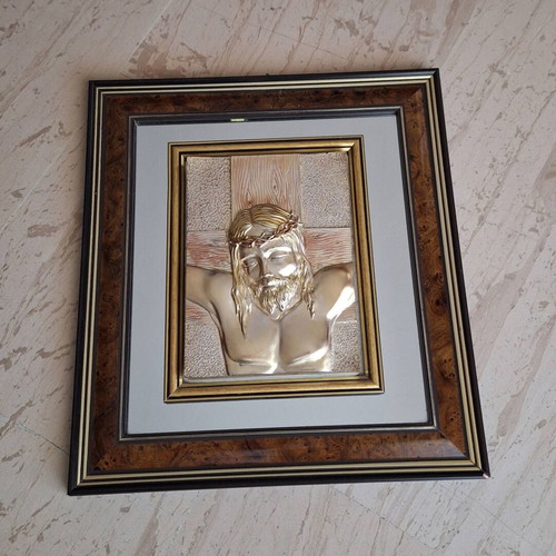 Religious icon The Crucifixion of Christ with 925 silver and gold details like new
