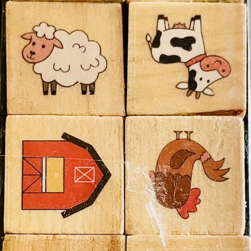 Moses wooden farm stamp set used, 8 pieces with ink pad