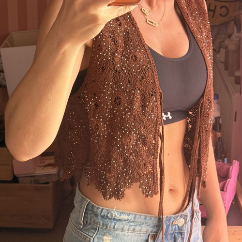 Zara Crochet Vest with Beads Size S New Brown