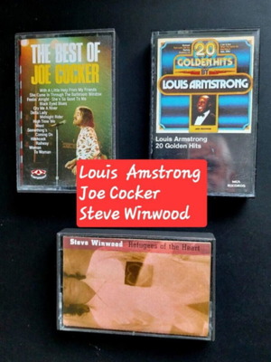 Cassette tapes used, set of 3 with Louis Armstrong, Joe Cocker, Steve Winwood