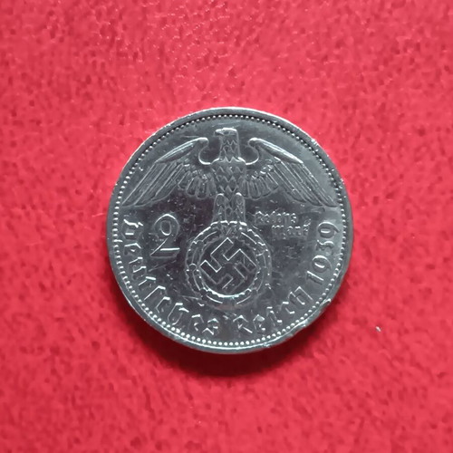 Silver 2 Mark Coin Germany 1939 used, Third Reich