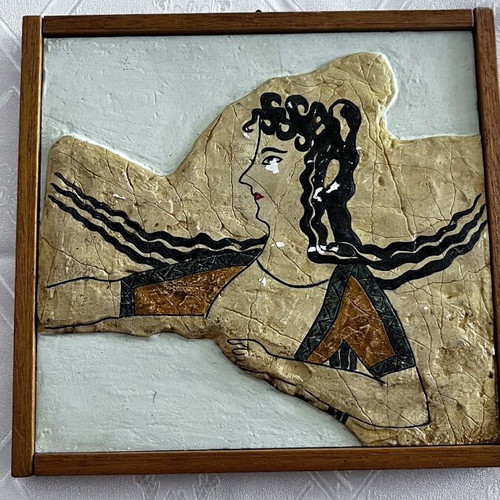 Handmade Knossos-inspired embossed art frame with wooden border