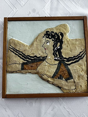 Handmade Knossos-inspired embossed art frame with wooden border