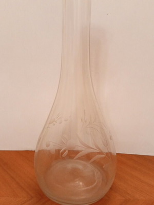 Vintage glass carafes with engraved floral design, pair