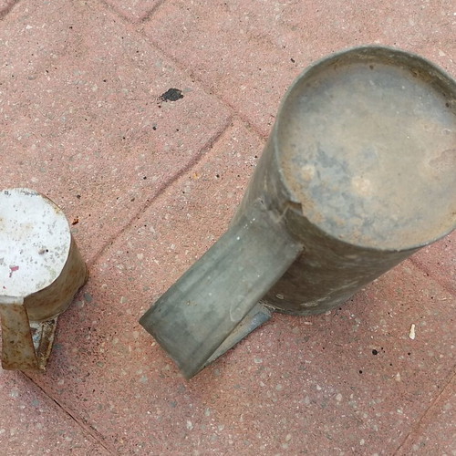 Vintage metal water and oil measuring cups used, set of two