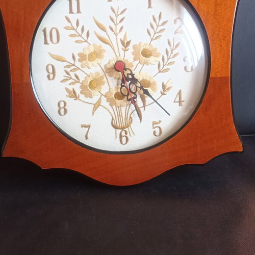 Vintage Solid Wood Wall Clock with Embroidered Dial 1980s-1990s