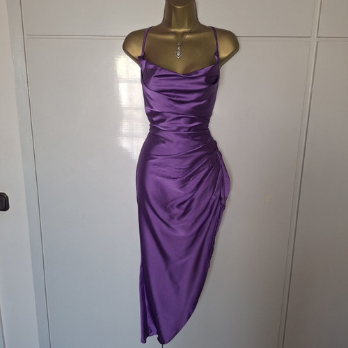 Shein purple satin ruched cross back slit dress, size M