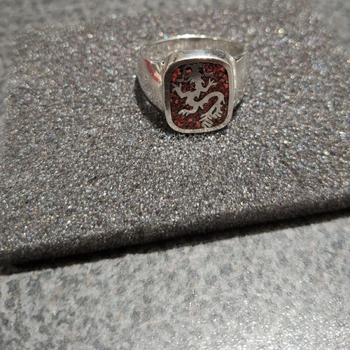 Silver men's signet ring 925 vintage dragon red mosaic used