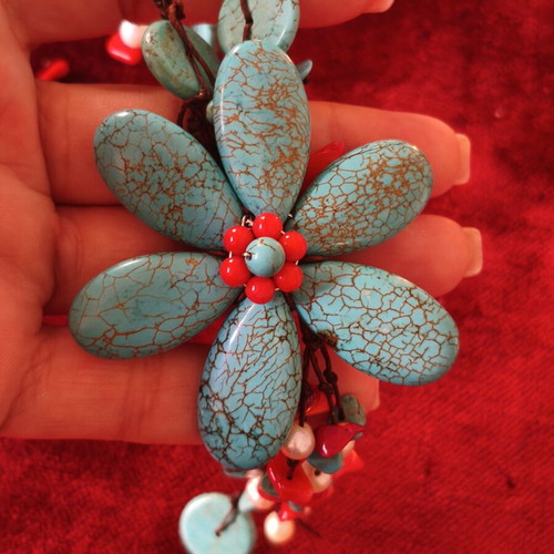 Handmade necklace with turquoise, coral and river pearls like new