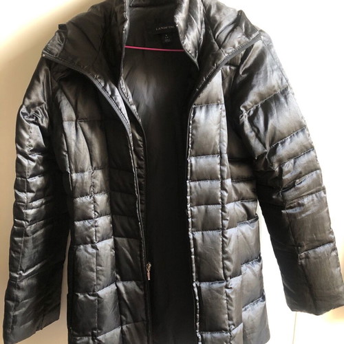 Landsend black jacket with hood and down feathers like new, Small