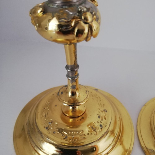 Pair of French dore empire candlesticks used, height 23 cm