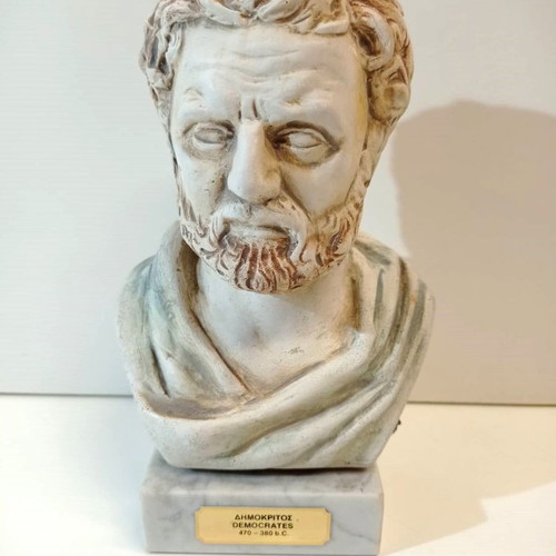 Handmade Democritus bust used, ceramic with marble base