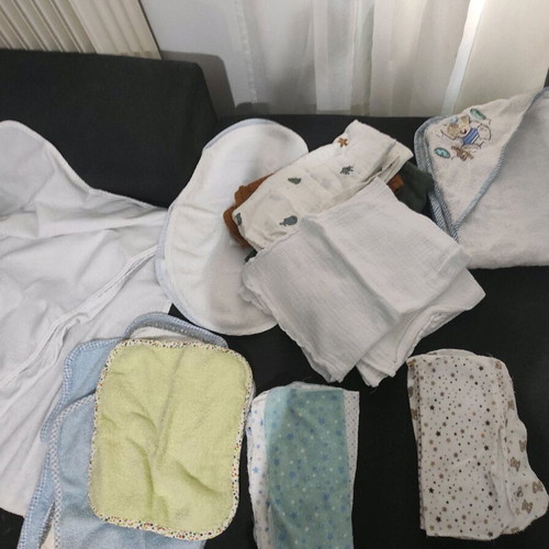 Baby towels, burp cloths, bibs, and bathrobe like new