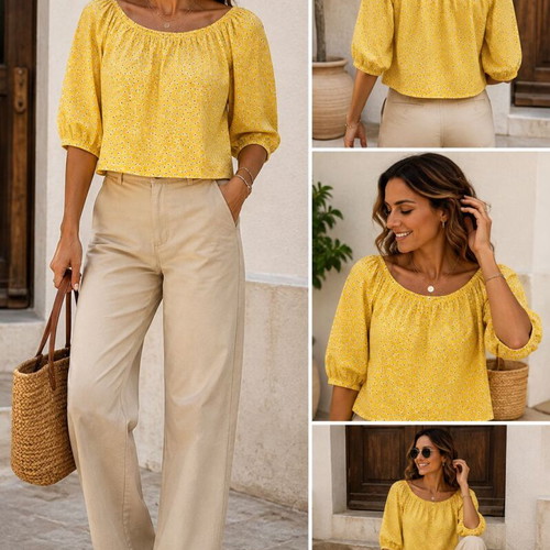 Mango women's set with beige pants and yellow top