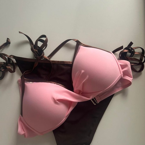 Bikini swimsuit triangle with ties and bra, new, brown, size L
