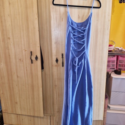 Wool Summer Dress turquoise size L new with side slit and open back