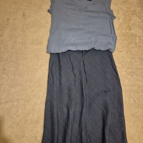 Dusty Blue Set like new, linen midi skirt and top with V-neck
