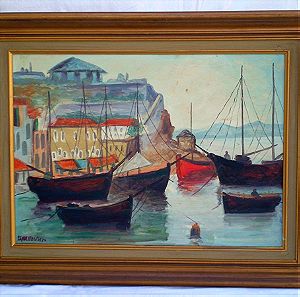 Αυθεντικός πίνακας ζωγραφικής Υδρα λιμάνι βάρκες θαλασσογραφία