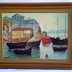  Αυθεντικός πίνακας ζωγραφικής Υδρα λιμάνι βάρκες θαλασσογραφία