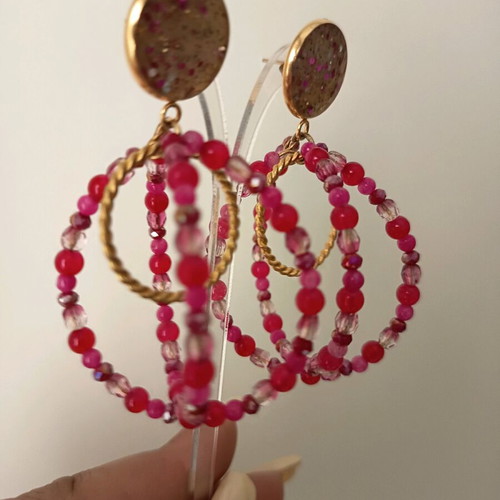Handmade earrings with steel, resin & beads, new, pink and gold
