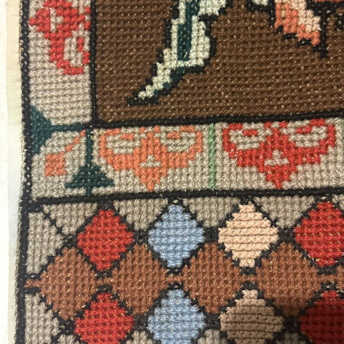 Vintage handmade traditional cross-stitch rug used, 117x53cm