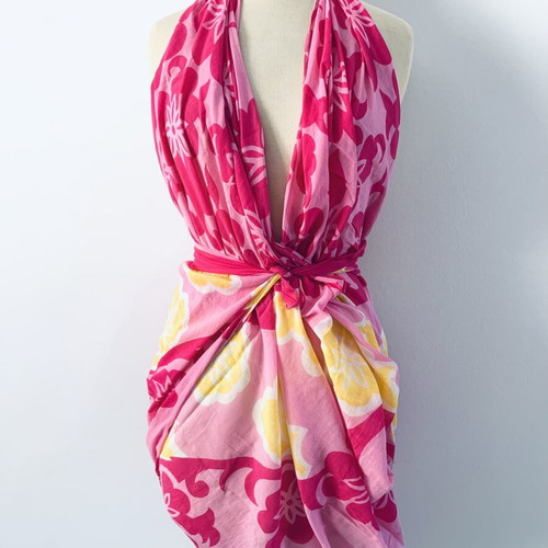 Vintage pareo used, pink and yellow cotton