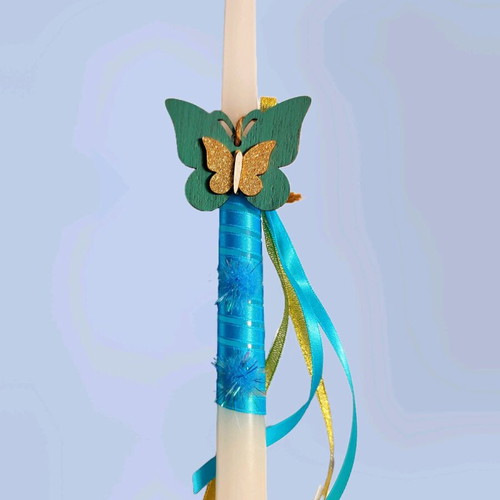 Easter candle handmade with wooden butterfly decoration and bag